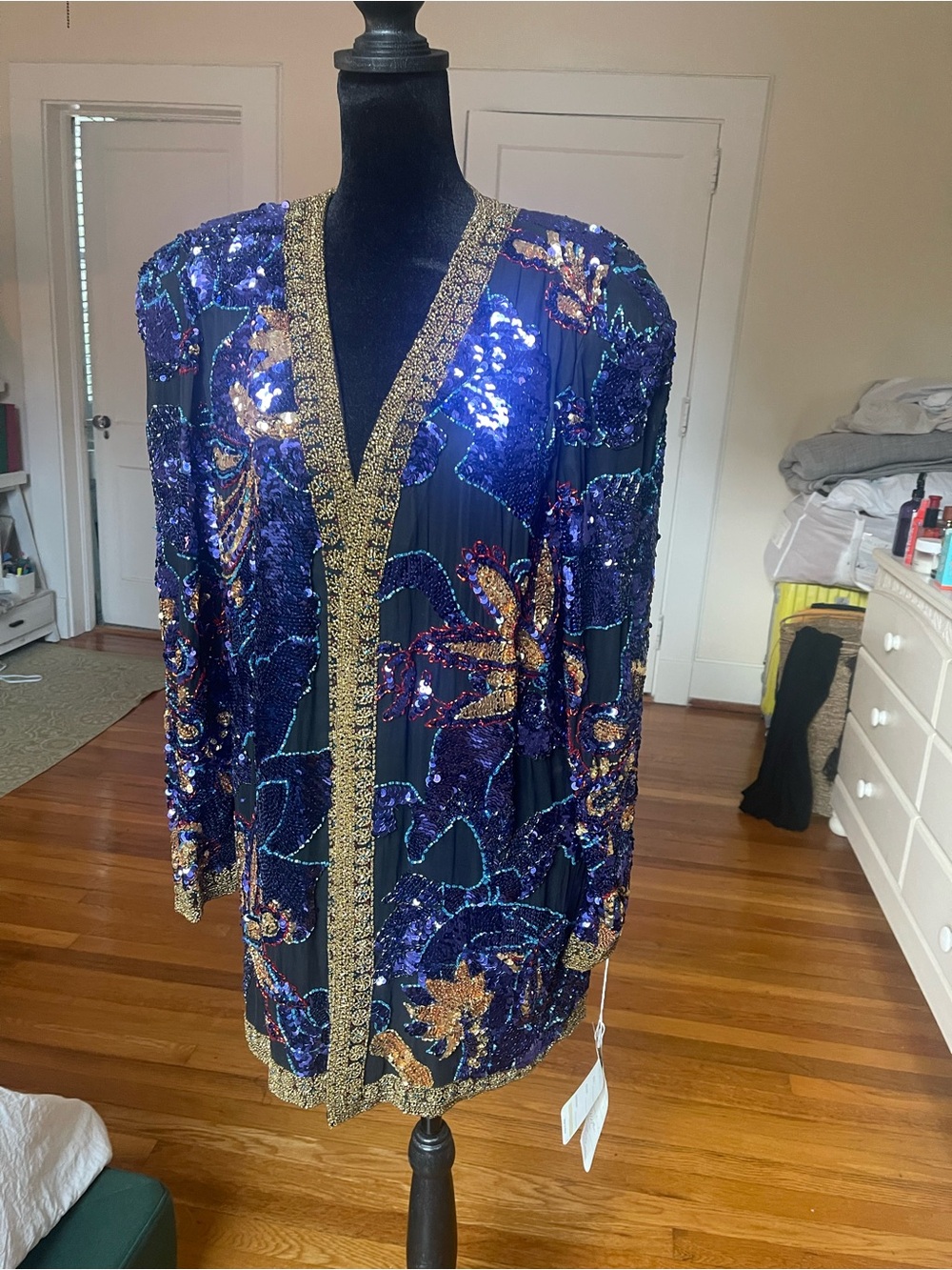 Oleg Cassini Black Jacket with Purple & Gold Sequin Floral Embellishment